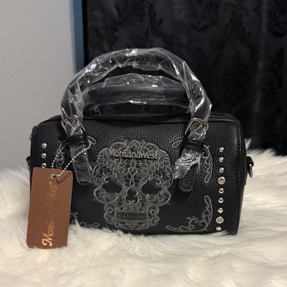 Montana West Black Satchel with Silver Embroidered Skull & Stud Accents